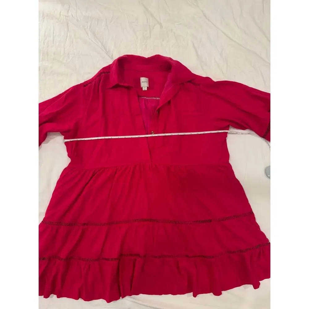 Anthropologie Maeve Bettina Tiered Mini Shirt Dress Linen 1X Hot Pink Raspberry - Picture 10 of 16
